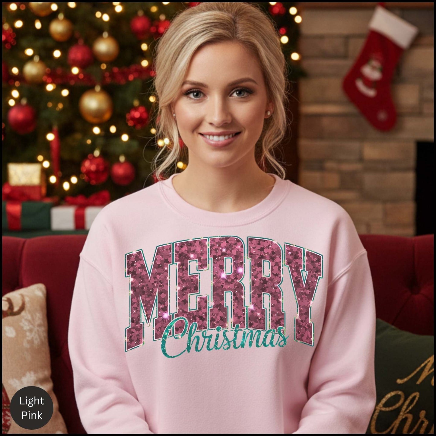 Bold Merry Christmas Sweatshirt – Retro Varsity Holiday Crewneck | Pink Pattern Letters