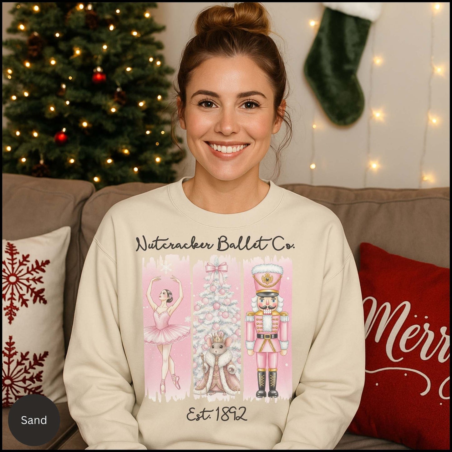 Nutcracker Ballet Crewneck Sweatshirt — Pink Ballet Nutcracker Holiday Pullover