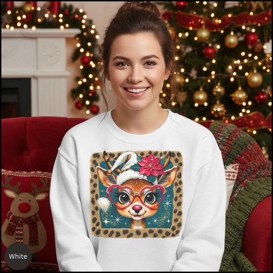 Cute Reindeer Christmas Sweatshirt – Leopard Border Retro Holiday Crewneck | Poinsettia & Heart Glasses Design