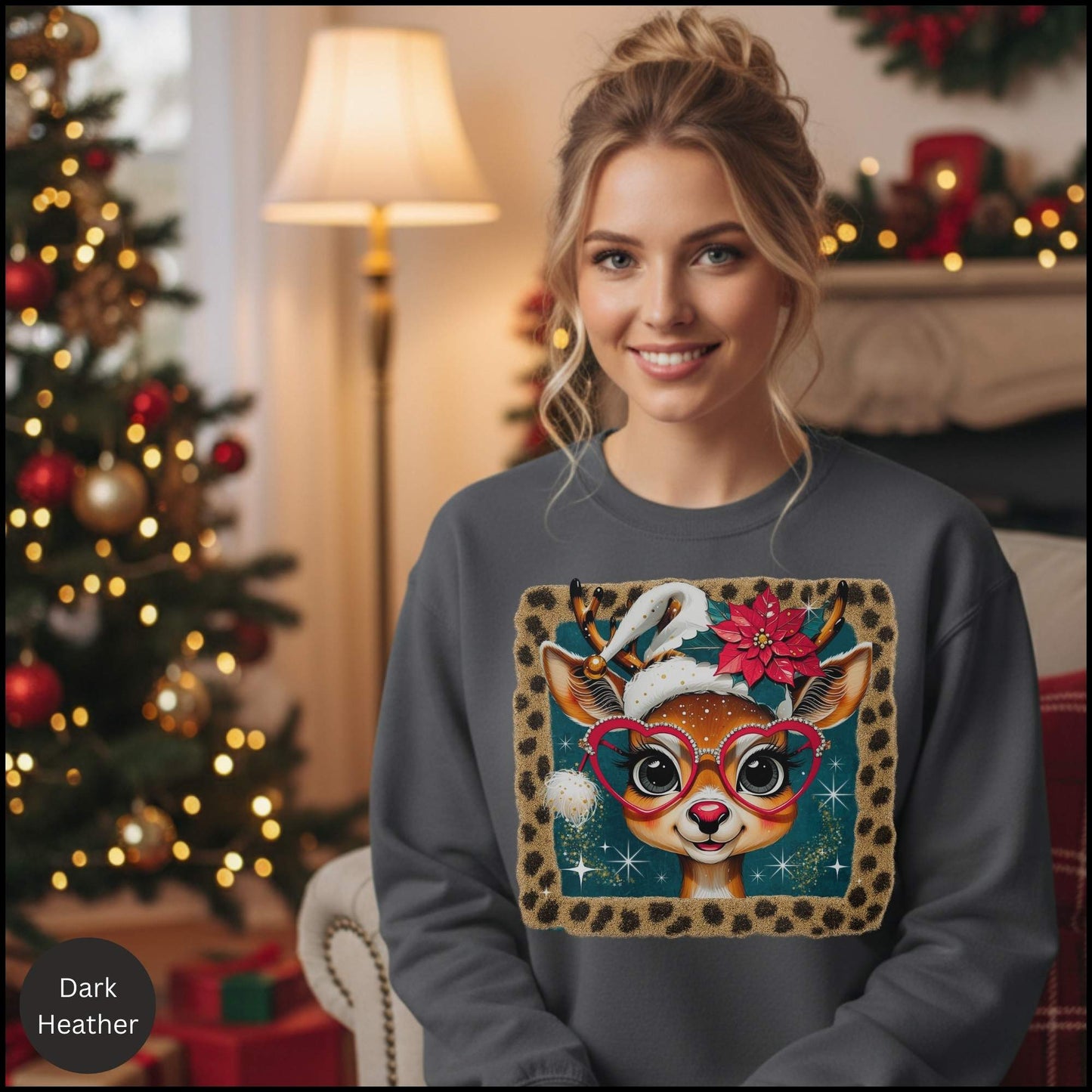 Cute Reindeer Christmas Sweatshirt – Leopard Border Retro Holiday Crewneck | Poinsettia & Heart Glasses Design