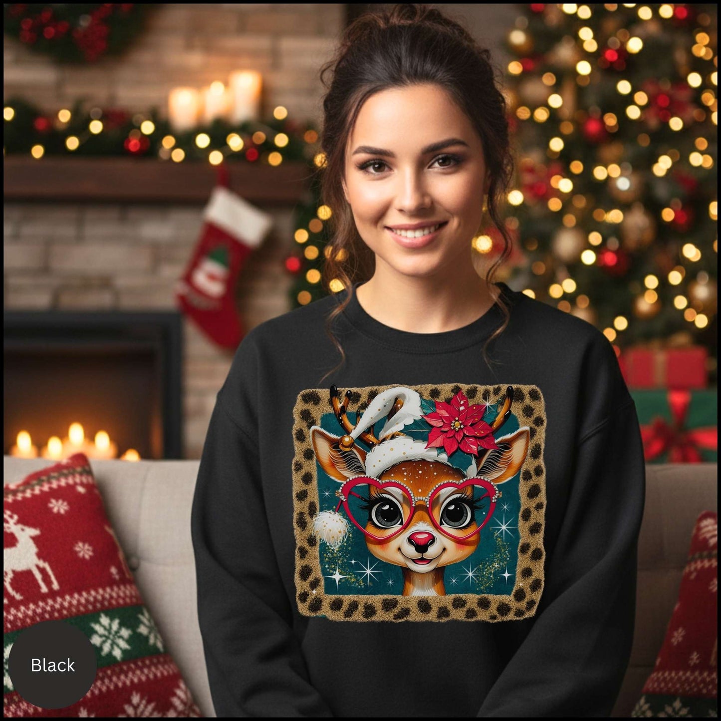 Cute Reindeer Christmas Sweatshirt – Leopard Border Retro Holiday Crewneck | Poinsettia & Heart Glasses Design