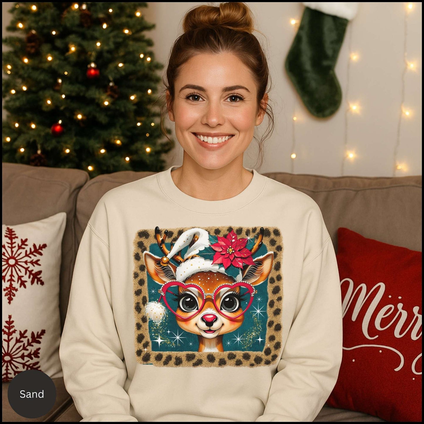 Cute Reindeer Christmas Sweatshirt – Leopard Border Retro Holiday Crewneck | Poinsettia & Heart Glasses Design