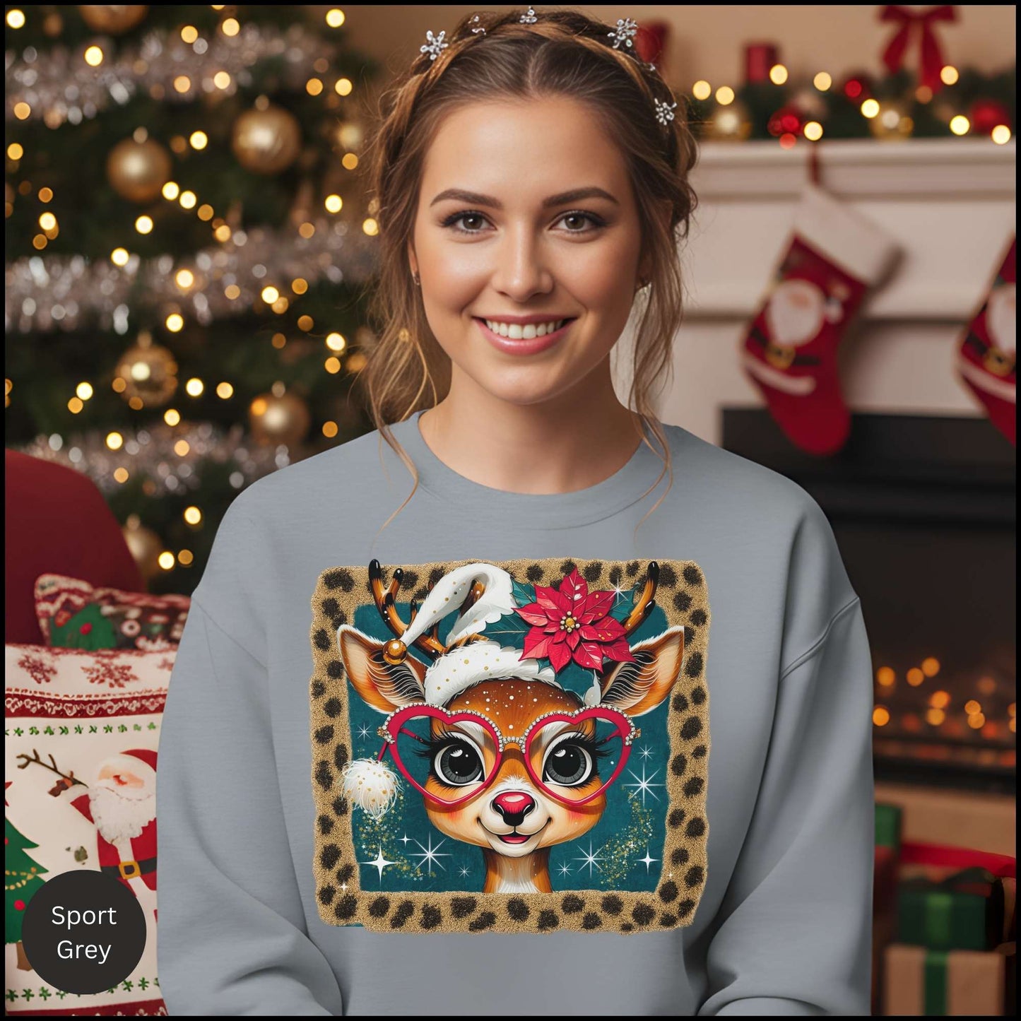 Cute Reindeer Christmas Sweatshirt – Leopard Border Retro Holiday Crewneck | Poinsettia & Heart Glasses Design