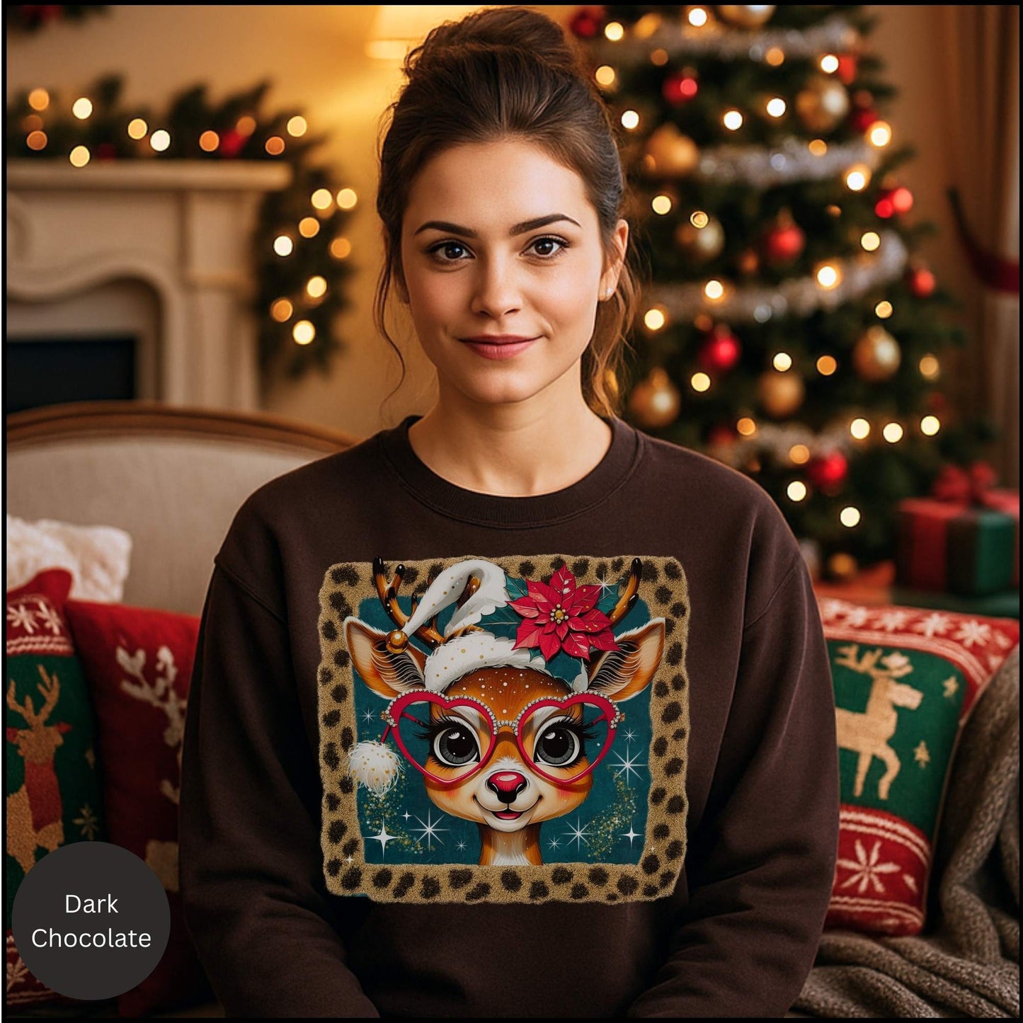 Cute Reindeer Christmas Sweatshirt – Leopard Border Retro Holiday Crewneck | Poinsettia & Heart Glasses Design