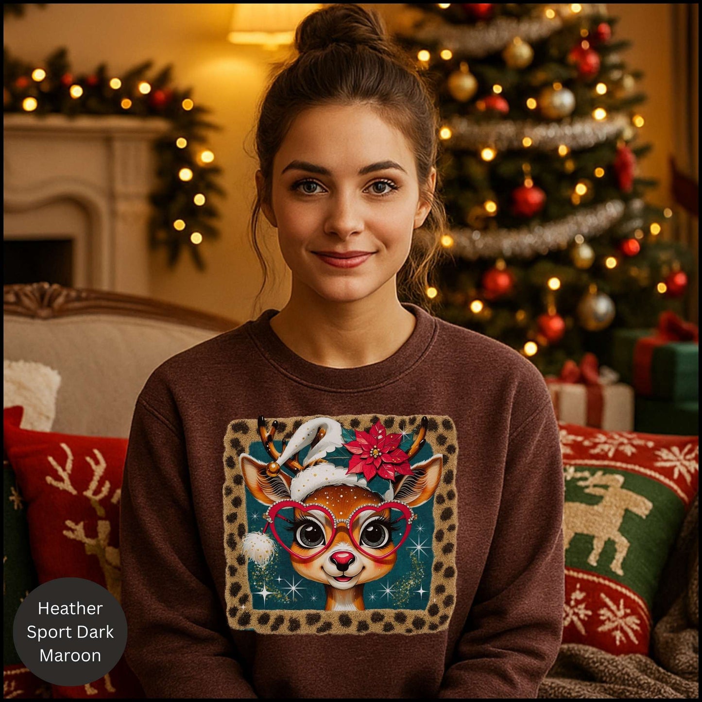 Cute Reindeer Christmas Sweatshirt – Leopard Border Retro Holiday Crewneck | Poinsettia & Heart Glasses Design