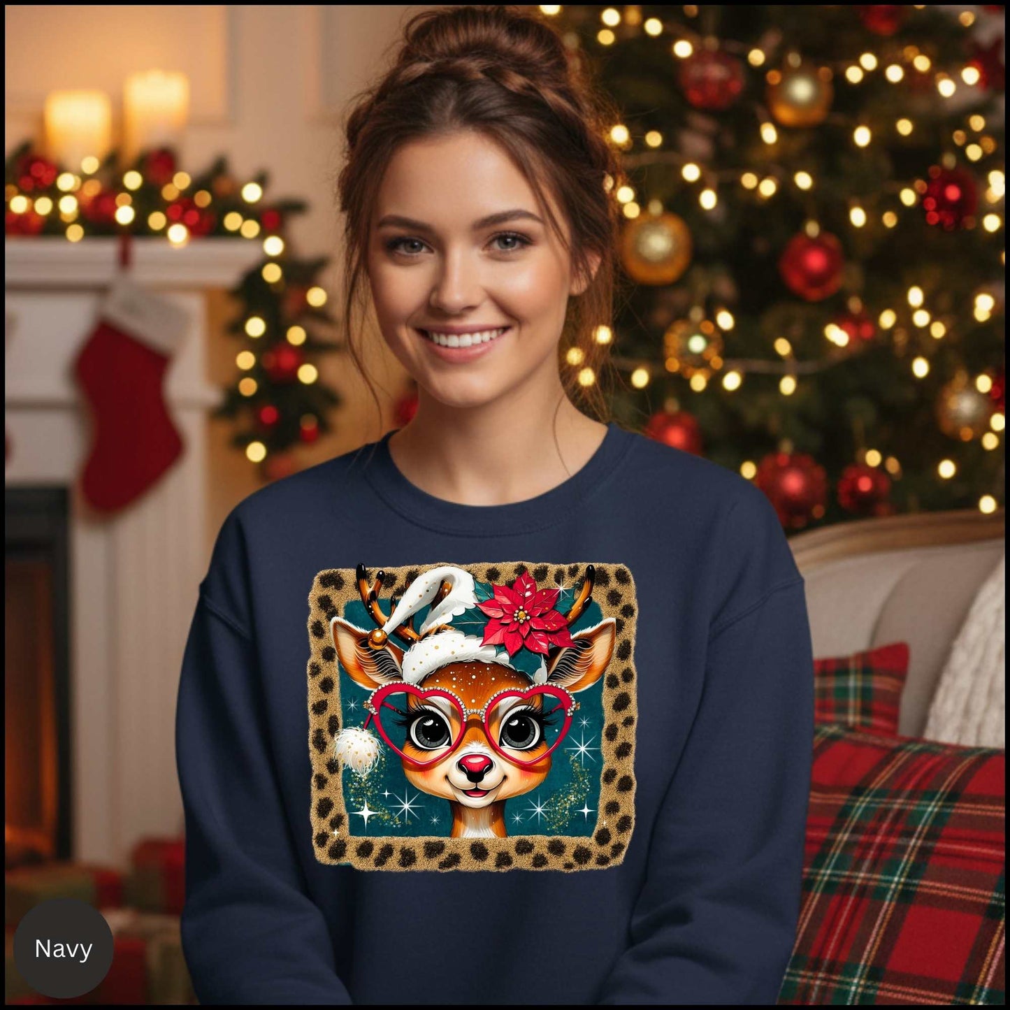 Cute Reindeer Christmas Sweatshirt – Leopard Border Retro Holiday Crewneck | Poinsettia & Heart Glasses Design