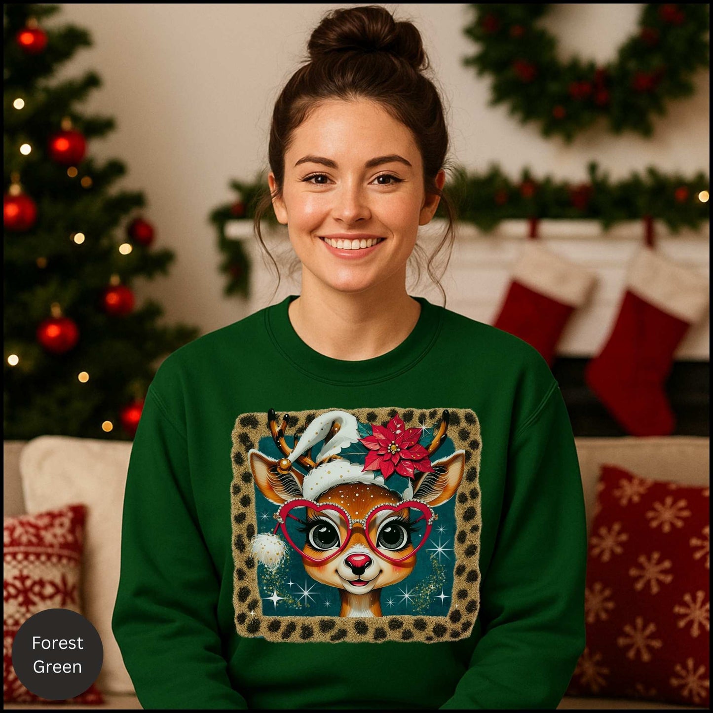 Cute Reindeer Christmas Sweatshirt – Leopard Border Retro Holiday Crewneck | Poinsettia & Heart Glasses Design