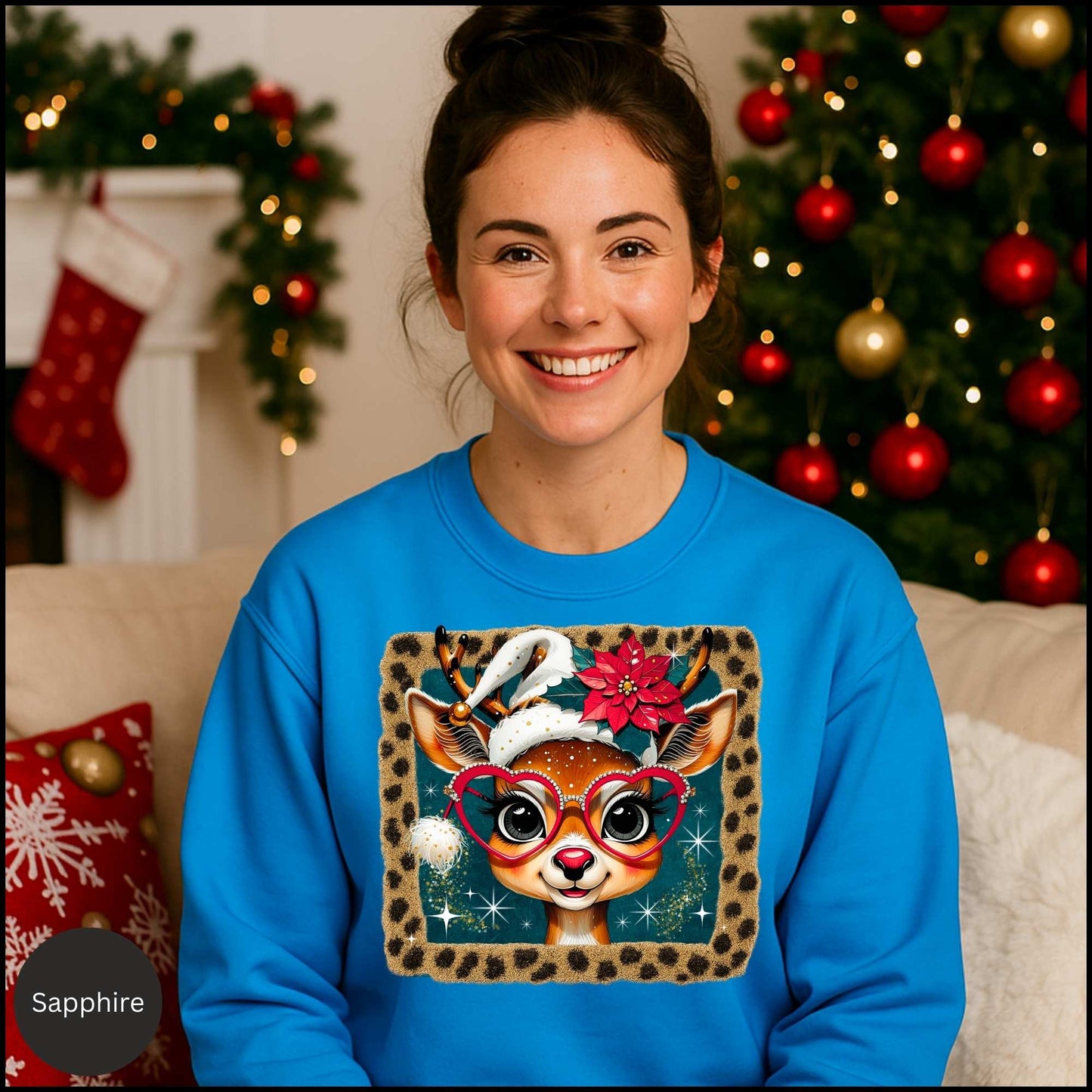 Cute Reindeer Christmas Sweatshirt – Leopard Border Retro Holiday Crewneck | Poinsettia & Heart Glasses Design