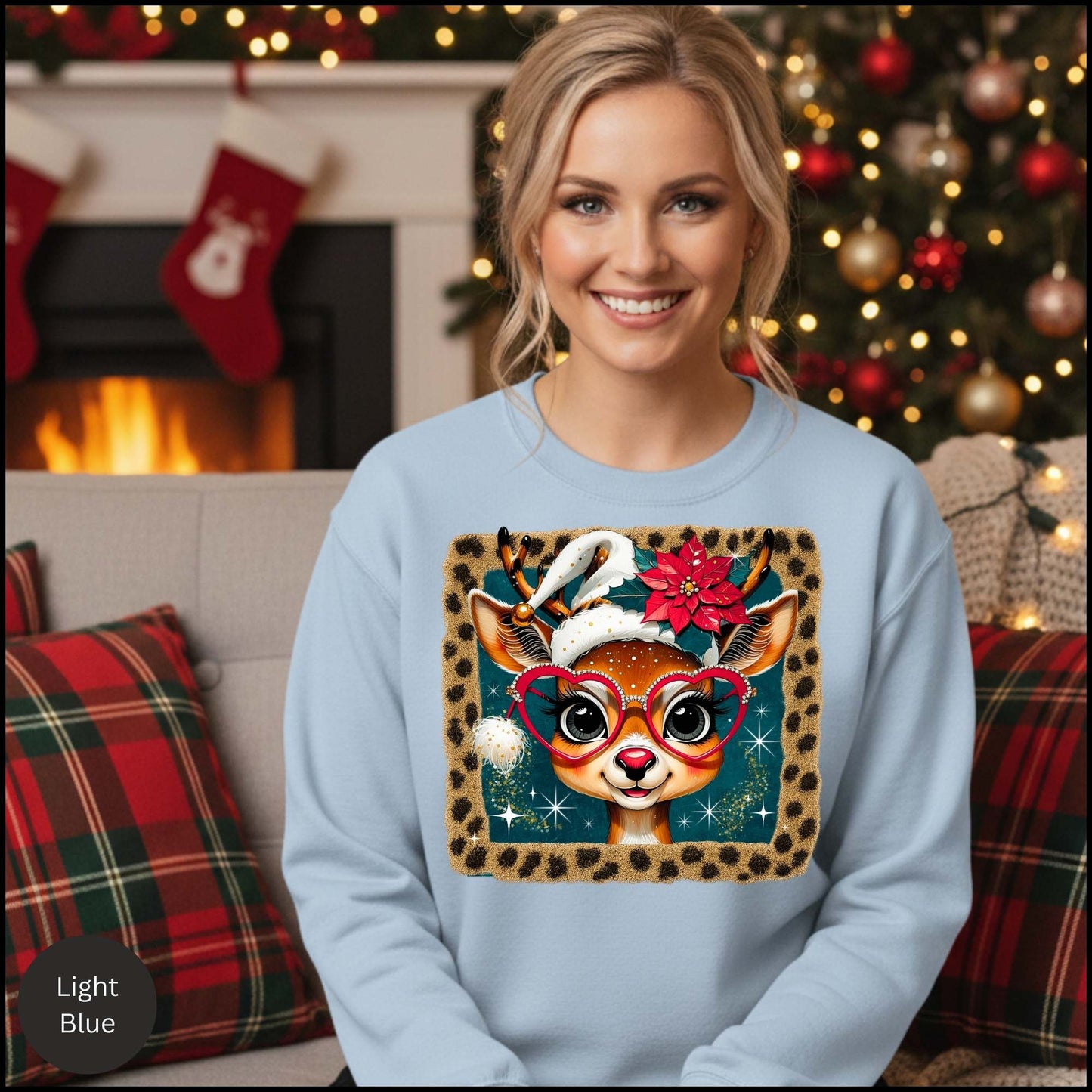 Cute Reindeer Christmas Sweatshirt – Leopard Border Retro Holiday Crewneck | Poinsettia & Heart Glasses Design
