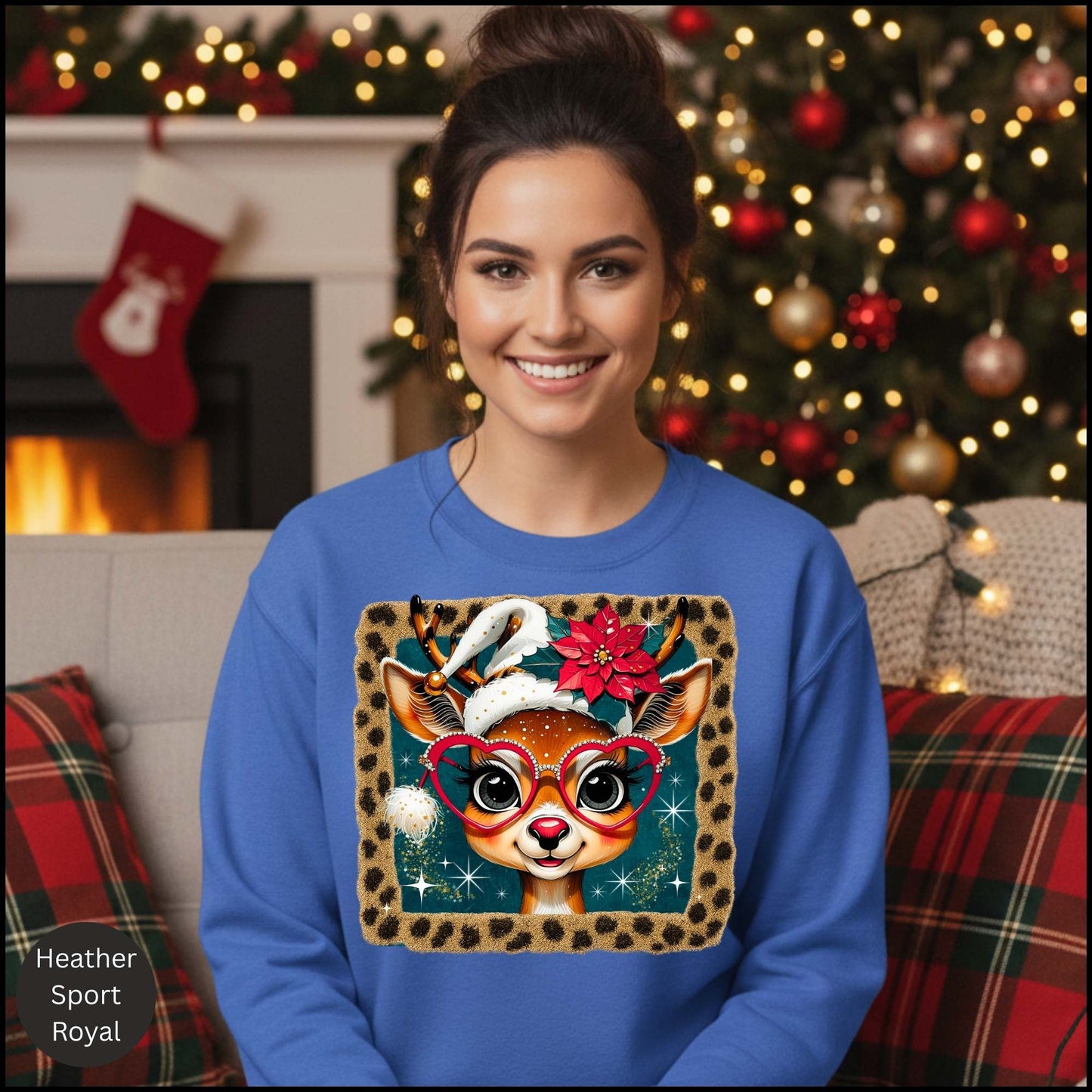 Cute Reindeer Christmas Sweatshirt – Leopard Border Retro Holiday Crewneck | Poinsettia & Heart Glasses Design