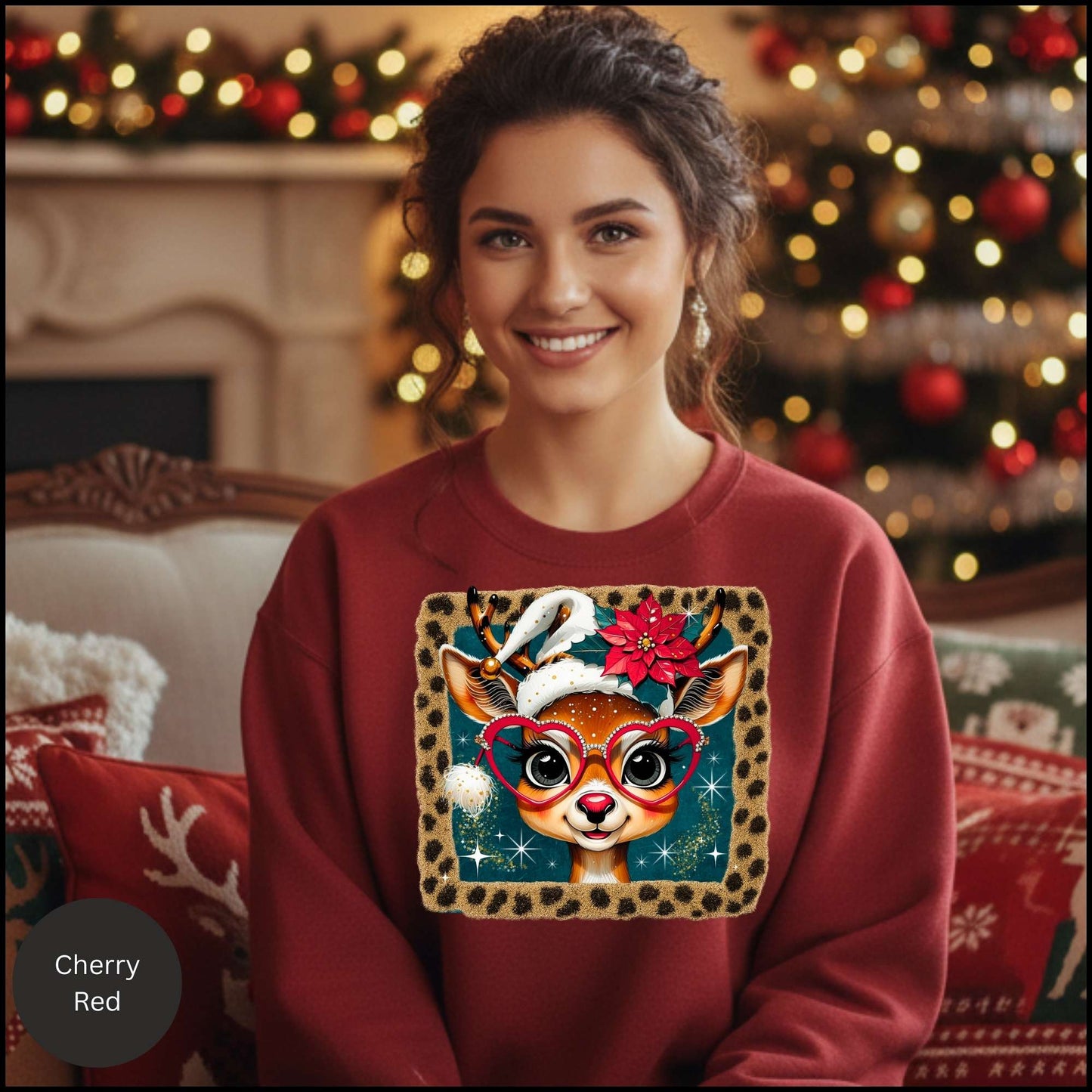 Cute Reindeer Christmas Sweatshirt – Leopard Border Retro Holiday Crewneck | Poinsettia & Heart Glasses Design