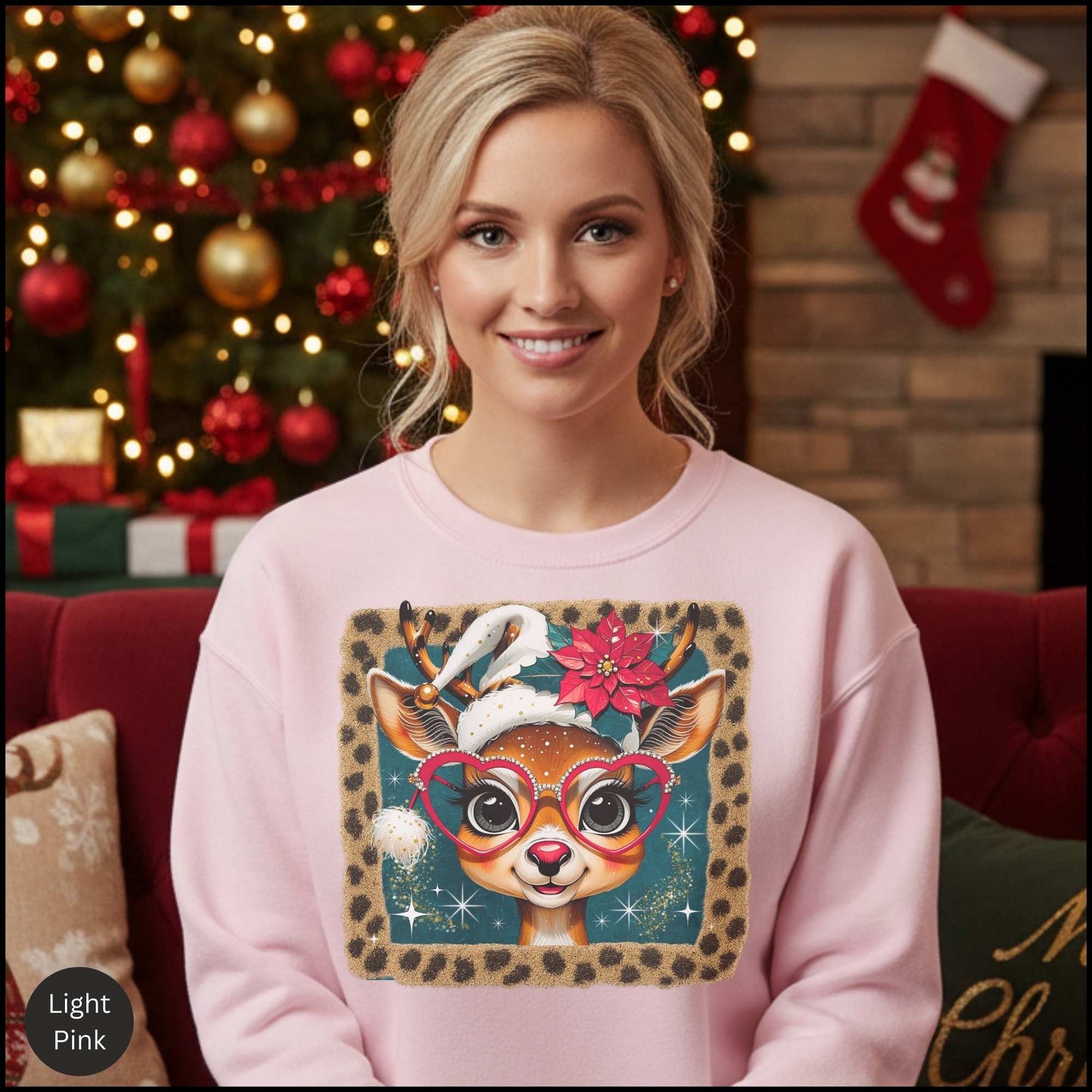 Cute Reindeer Christmas Sweatshirt – Leopard Border Retro Holiday Crewneck | Poinsettia & Heart Glasses Design