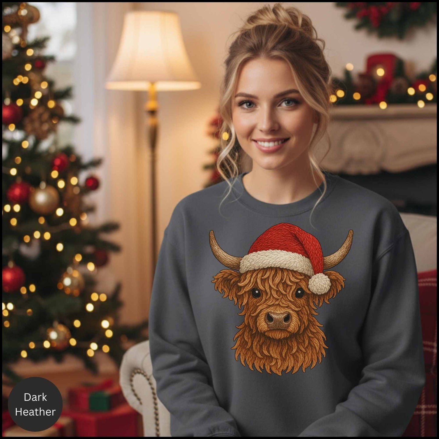 Highland Cow Christmas Sweatshirt – Santa Hat Cozy Western Holiday Crewneck | Rustic Country Christmas Shirt