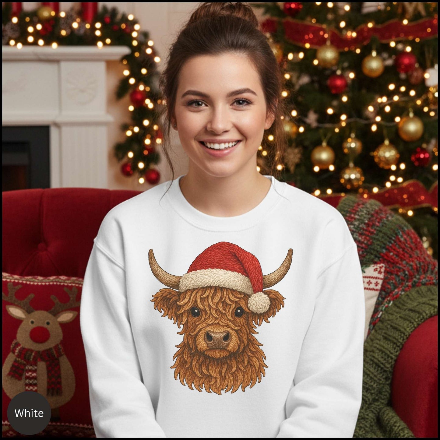 Highland Cow Christmas Sweatshirt – Santa Hat Cozy Western Holiday Crewneck | Rustic Country Christmas Shirt