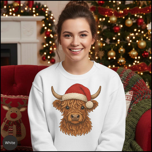 Highland Cow Christmas Sweatshirt – Santa Hat Cozy Western Holiday Crewneck | Rustic Country Christmas Shirt