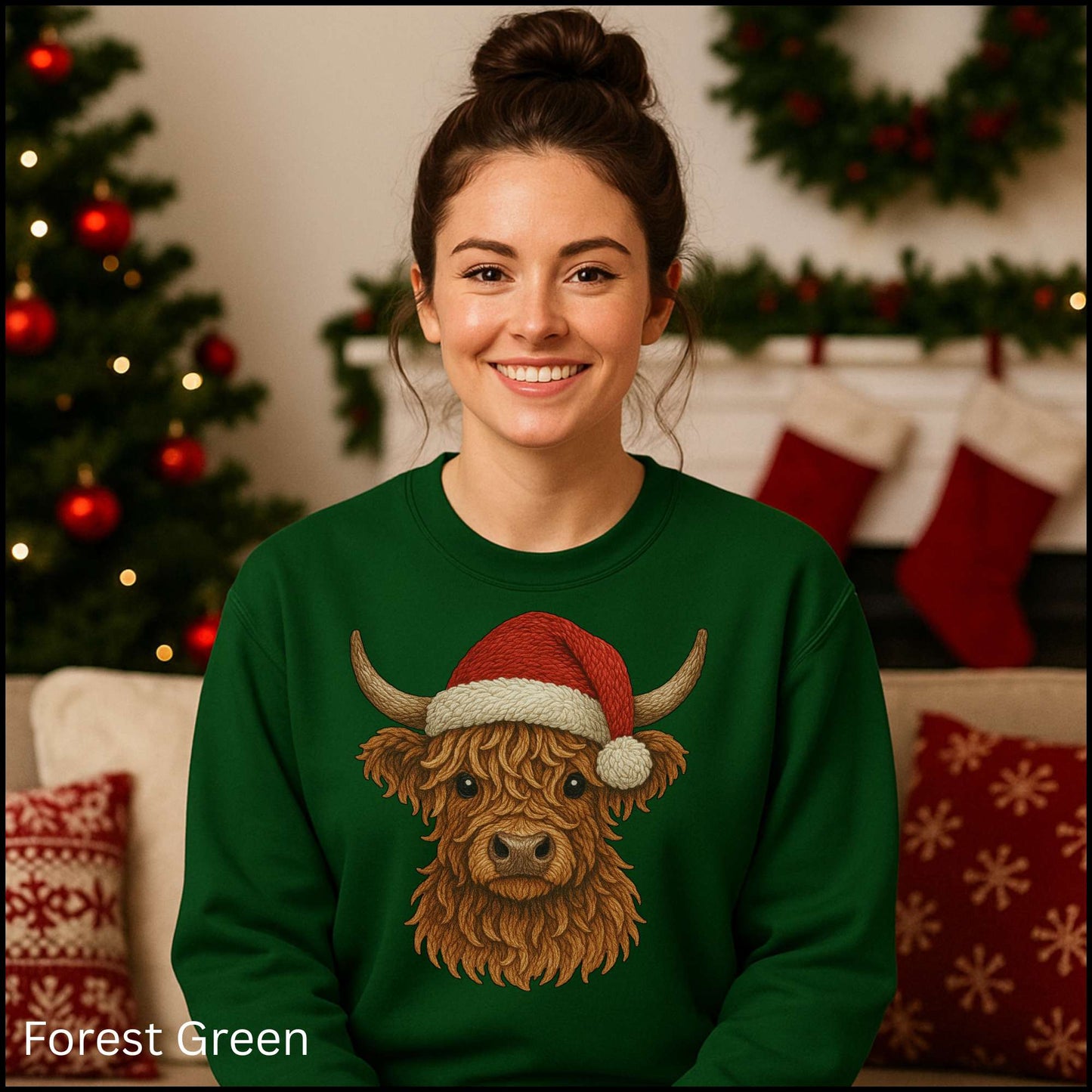 Highland Cow Christmas Sweatshirt – Santa Hat Cozy Western Holiday Crewneck | Rustic Country Christmas Shirt