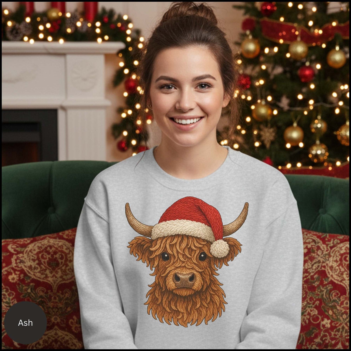 Highland Cow Christmas Sweatshirt – Santa Hat Cozy Western Holiday Crewneck | Rustic Country Christmas Shirt