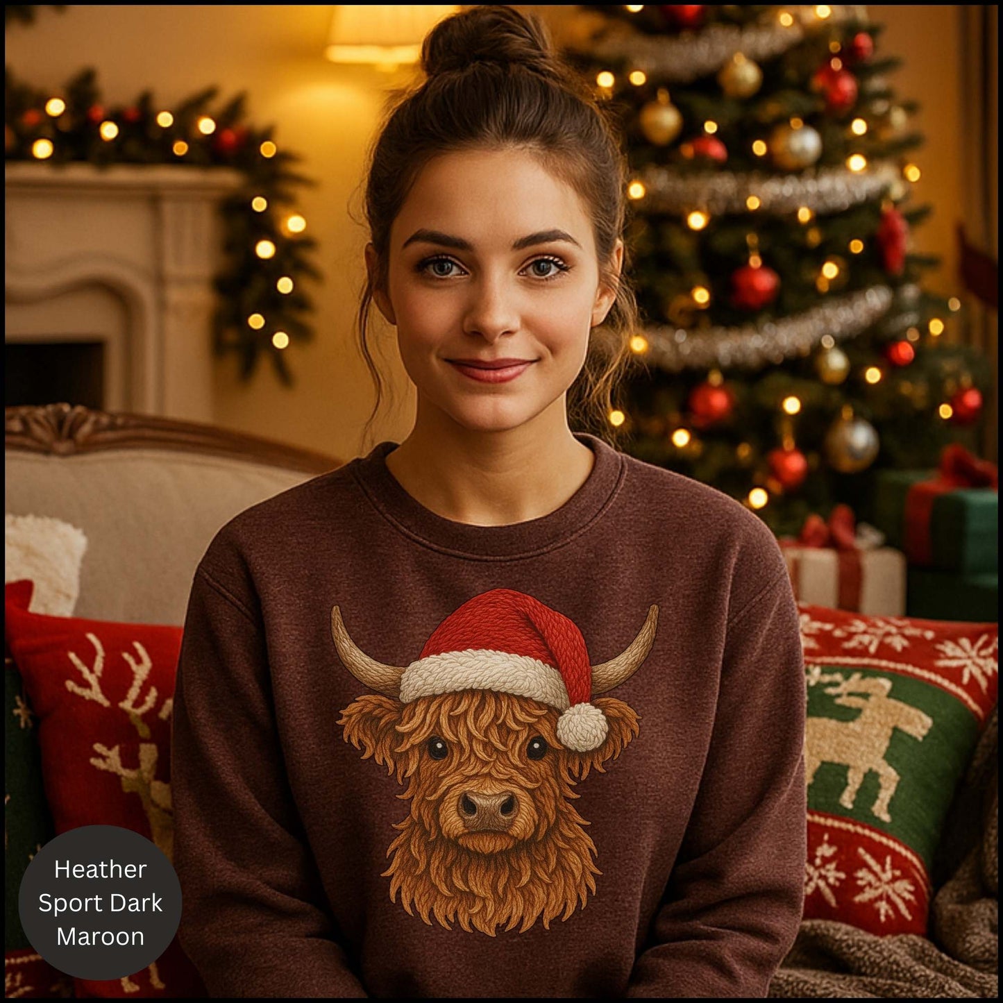 Highland Cow Christmas Sweatshirt – Santa Hat Cozy Western Holiday Crewneck | Rustic Country Christmas Shirt