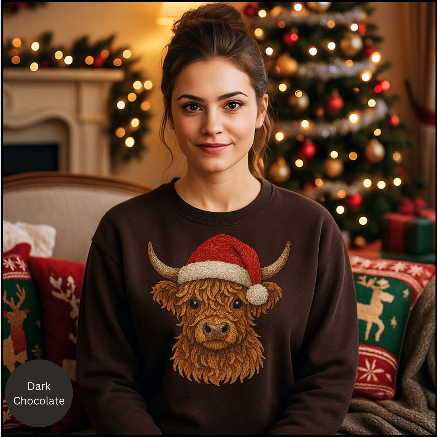 Highland Cow Christmas Sweatshirt – Santa Hat Cozy Western Holiday Crewneck | Rustic Country Christmas Shirt