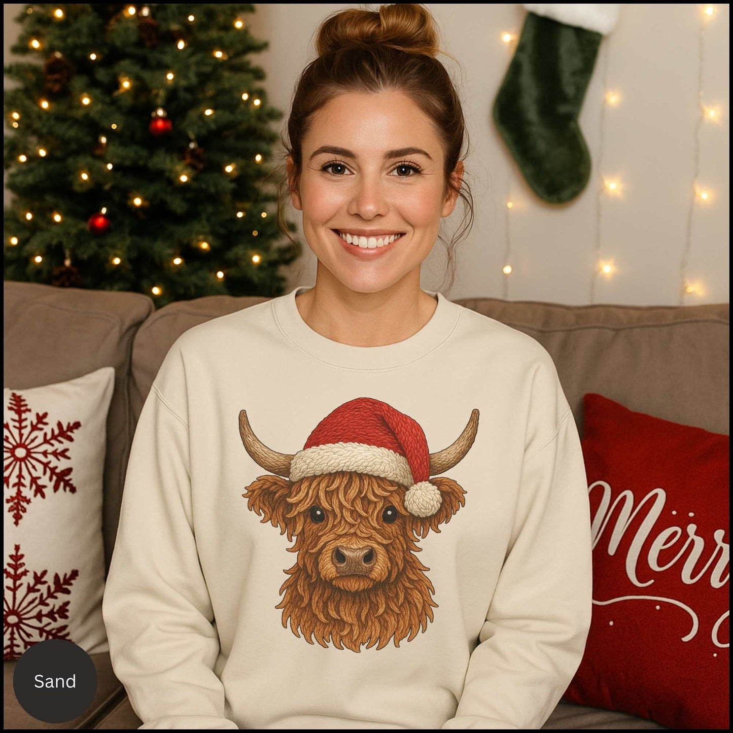 Highland Cow Christmas Sweatshirt – Santa Hat Cozy Western Holiday Crewneck | Rustic Country Christmas Shirt