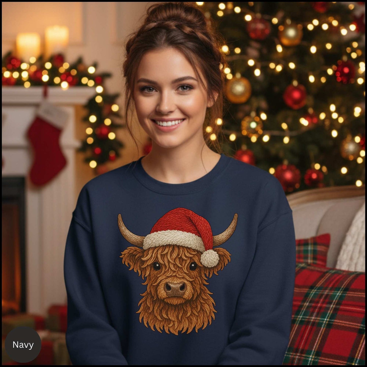 Highland Cow Christmas Sweatshirt – Santa Hat Cozy Western Holiday Crewneck | Rustic Country Christmas Shirt