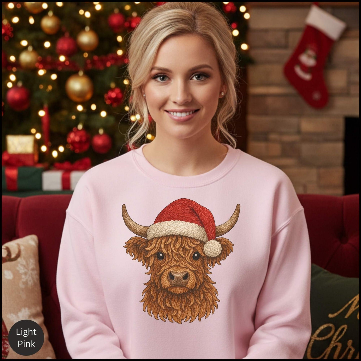 Highland Cow Christmas Sweatshirt – Santa Hat Cozy Western Holiday Crewneck | Rustic Country Christmas Shirt
