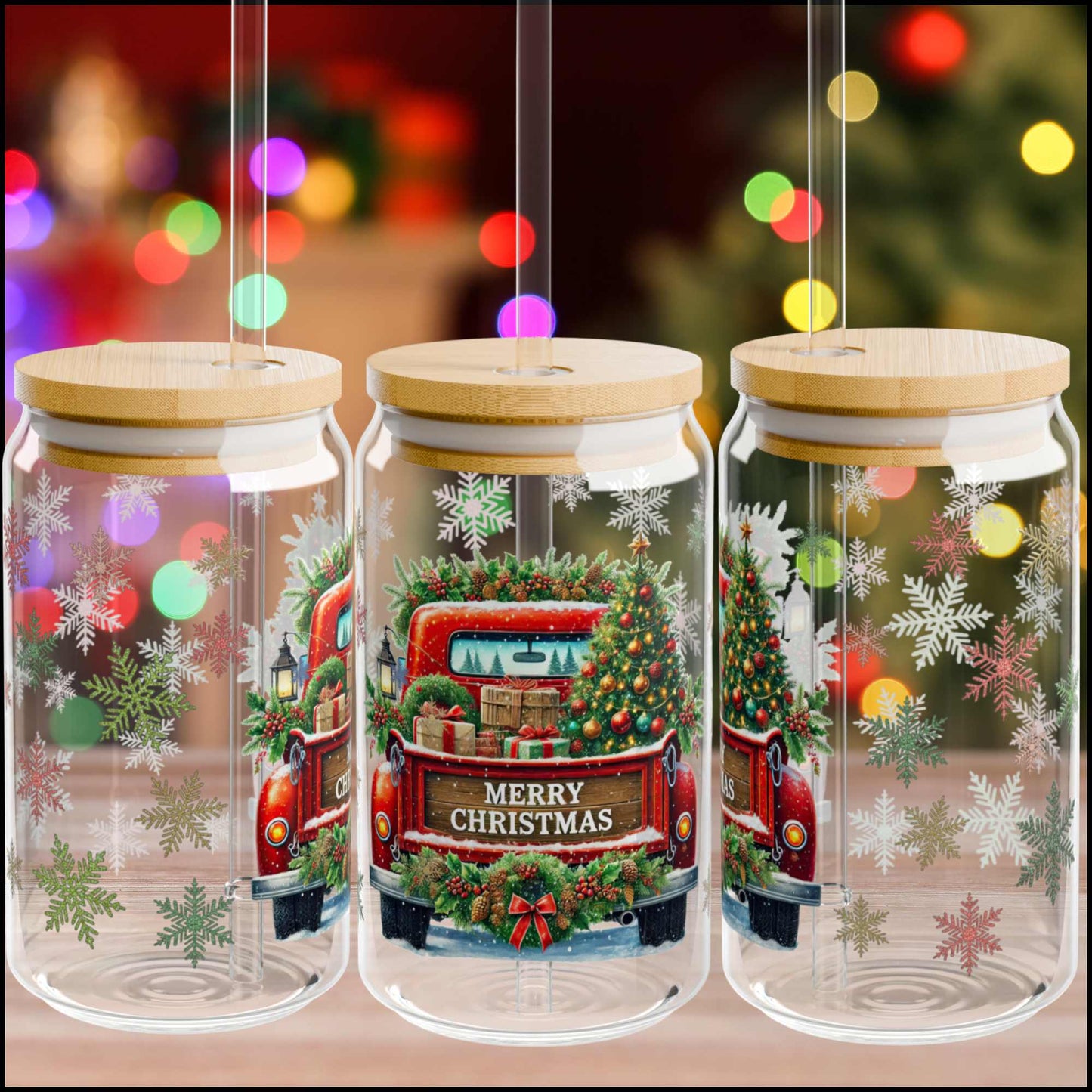 Vintage Red Truck Christmas Glass Can – 16oz Frosted Holiday Cup with Bamboo Lid & Straw | Merry Christmas Tumbler