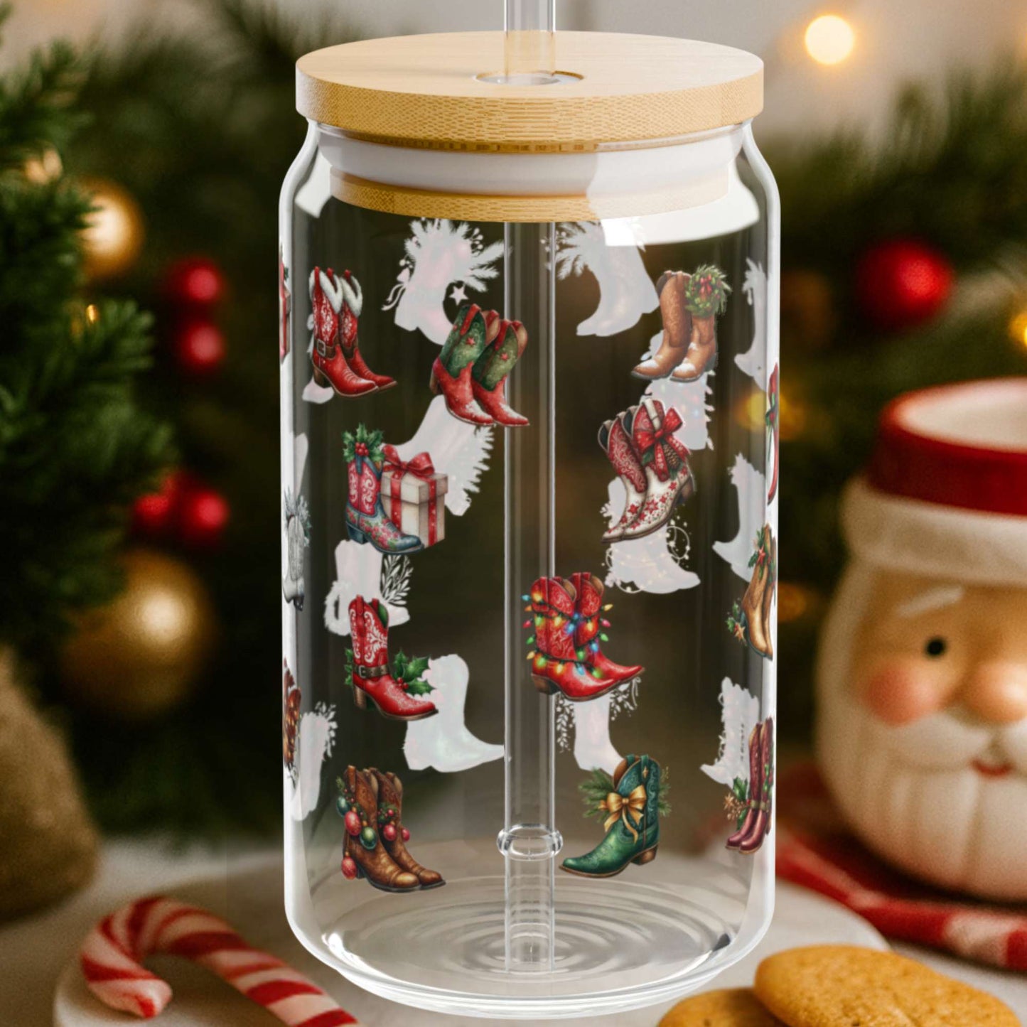 Western Christmas Boots Glass Can – 16oz Holiday Cowgirl Cup with Bamboo Lid & Straw | Rustic Western Christmas Drinkware