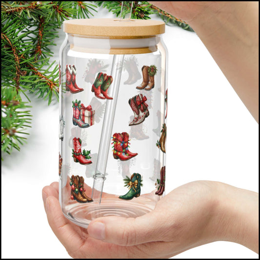 Western Christmas Boots Glass Can – 16oz Holiday Cowgirl Cup with Bamboo Lid & Straw | Rustic Western Christmas Drinkware