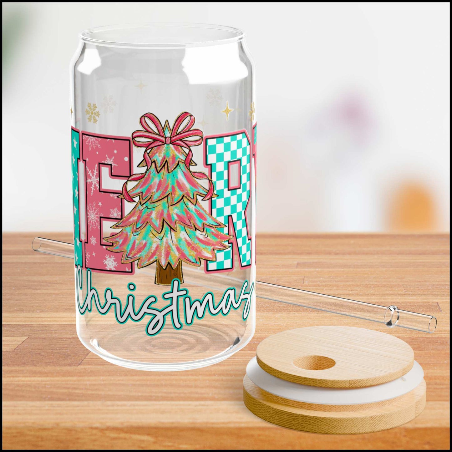 Pastel MERRY Christmas Glass Can – 16oz Holiday Cup with Bow Tree, Bamboo Lid & Straw | Cute Colorful Christmas Tumbler