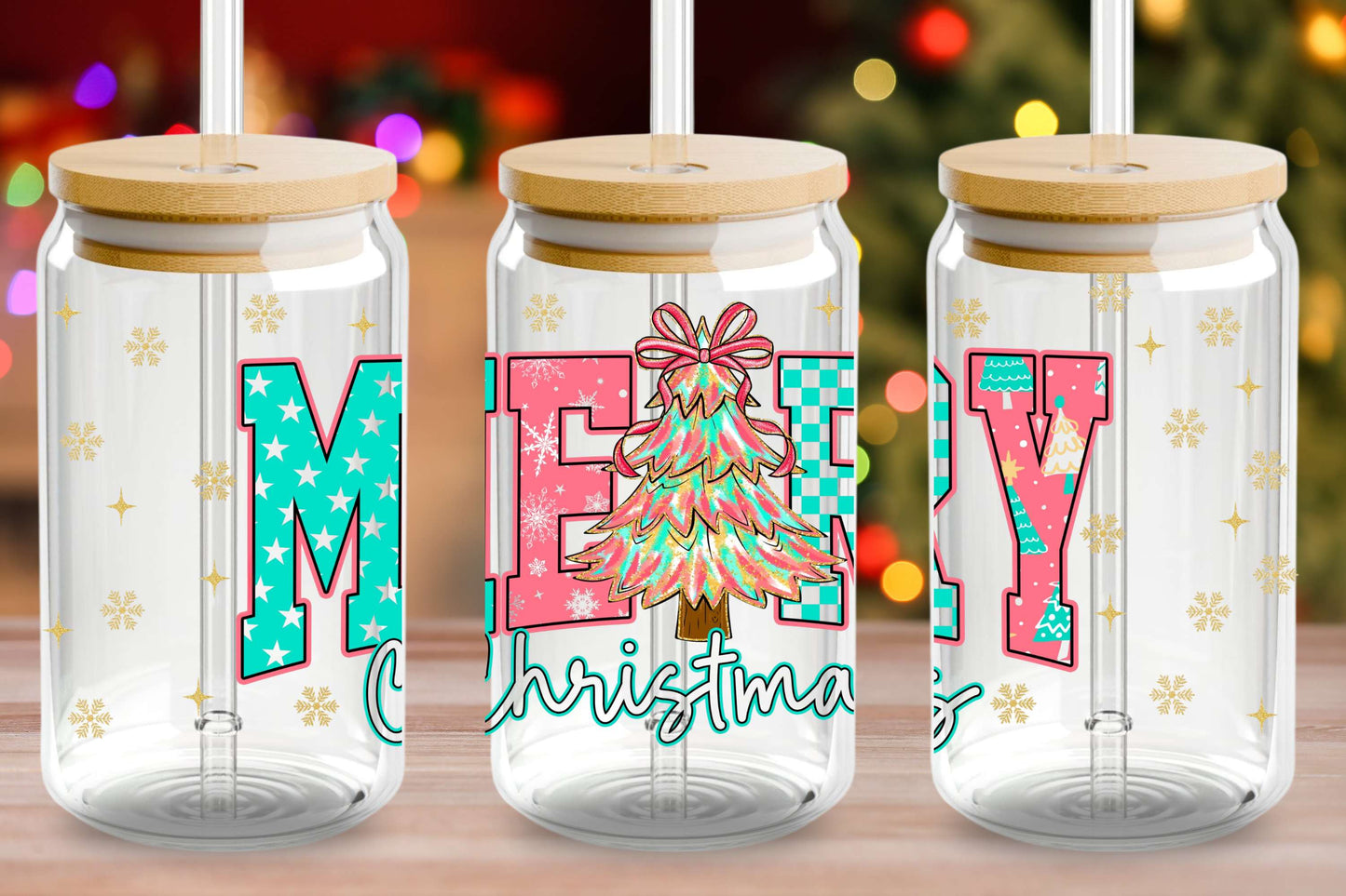 Pastel MERRY Christmas Glass Can – 16oz Holiday Cup with Bow Tree, Bamboo Lid & Straw | Cute Colorful Christmas Tumbler