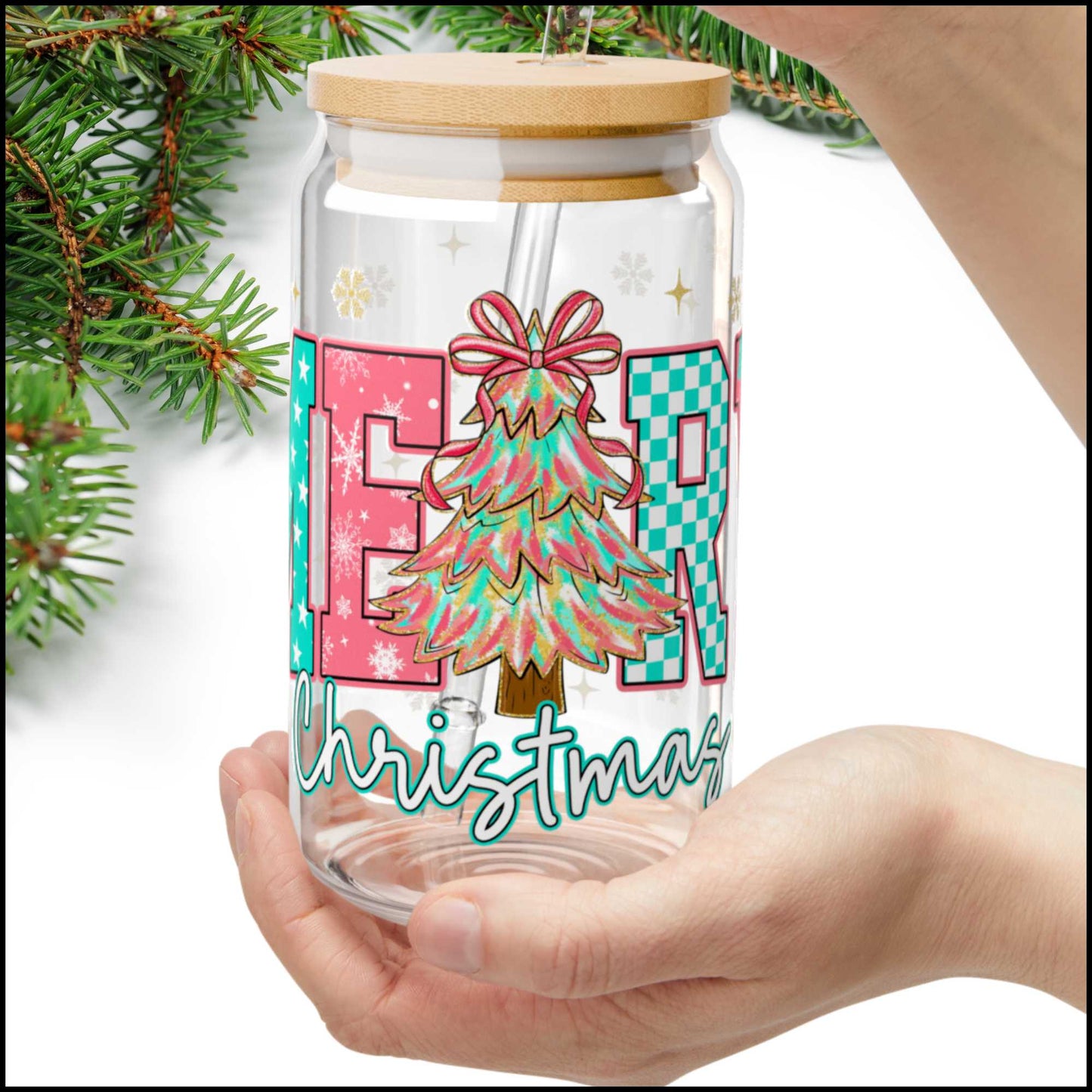 Pastel MERRY Christmas Glass Can – 16oz Holiday Cup with Bow Tree, Bamboo Lid & Straw | Cute Colorful Christmas Tumbler