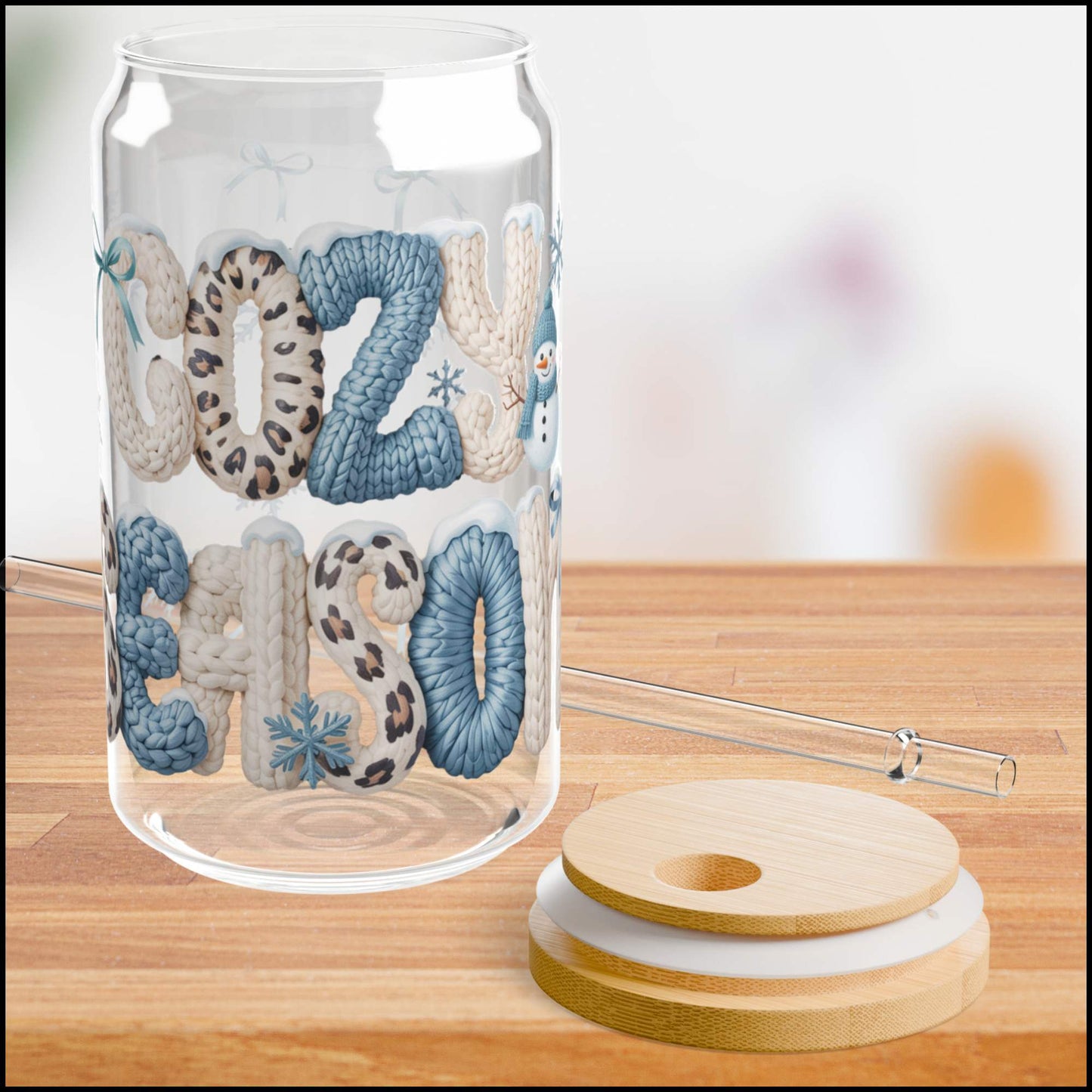 Cozy Season Glass Can – 16oz Winter Sweater Textured Cup with Leopard Print Letters, Bamboo Lid & Straw | Neutral Winter Aesthetic Tumbler