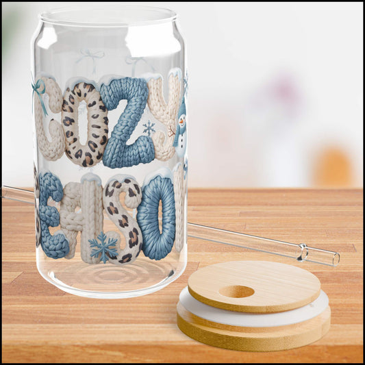 Cozy Season Glass Can – 16oz Winter Sweater Textured Cup with Leopard Print Letters, Bamboo Lid & Straw | Neutral Winter Aesthetic Tumbler