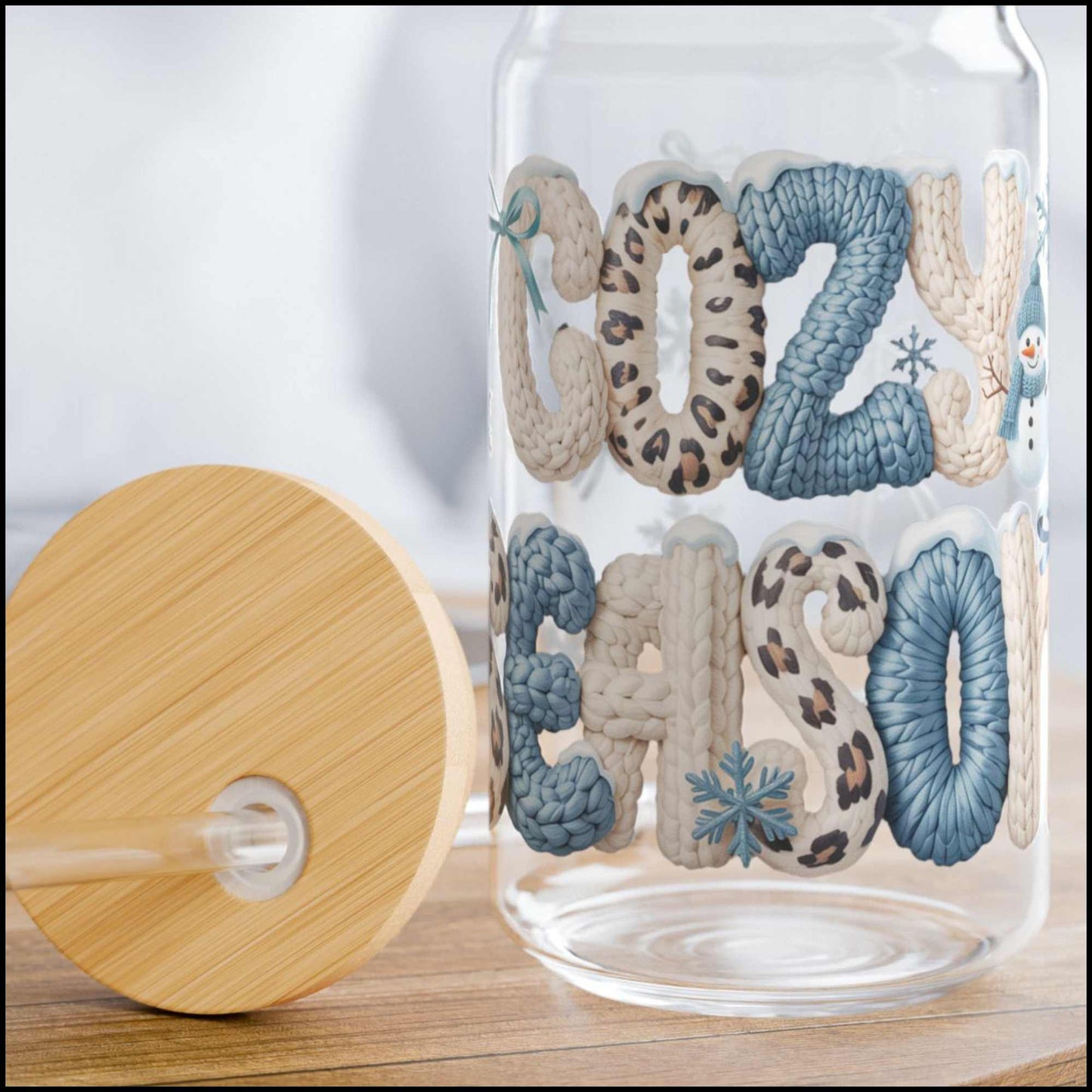 Cozy Season Glass Can – 16oz Winter Sweater Textured Cup with Leopard Print Letters, Bamboo Lid & Straw | Neutral Winter Aesthetic Tumbler