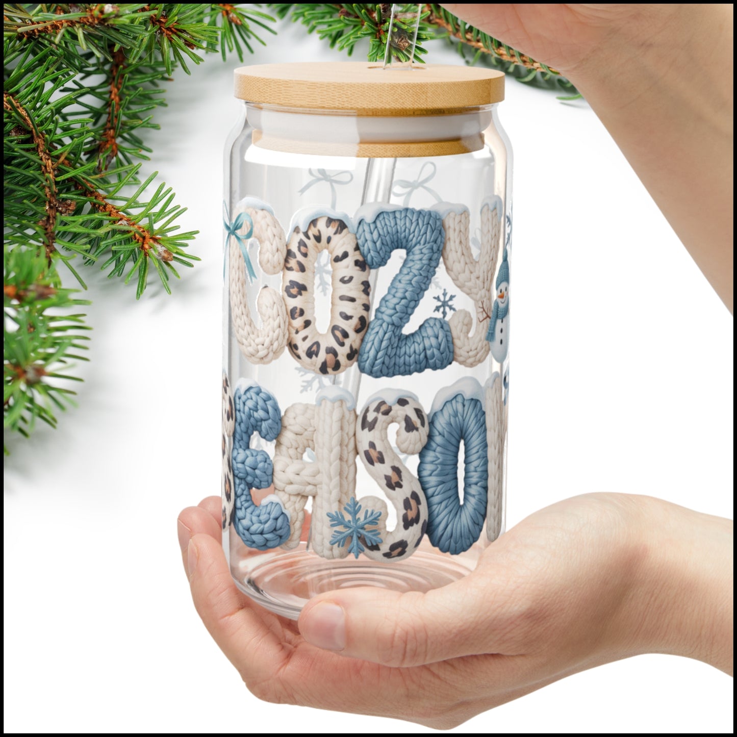 Cozy Season Glass Can – 16oz Winter Sweater Textured Cup with Leopard Print Letters, Bamboo Lid & Straw | Neutral Winter Aesthetic Tumbler