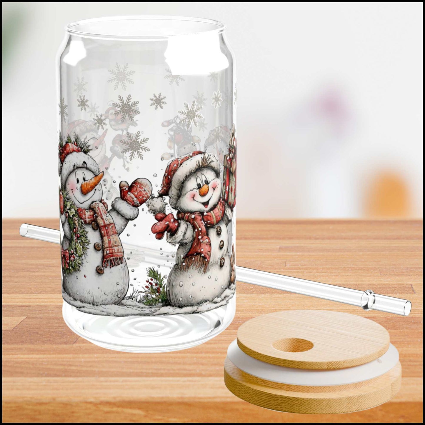 Snowman Friends Christmas Glass Can – 16oz Holiday Cup with Bamboo Lid & Straw | Cute Winter Snowmen Tumbler