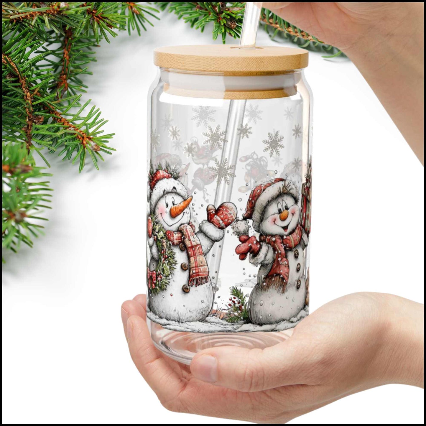 Snowman Friends Christmas Glass Can – 16oz Holiday Cup with Bamboo Lid & Straw | Cute Winter Snowmen Tumbler