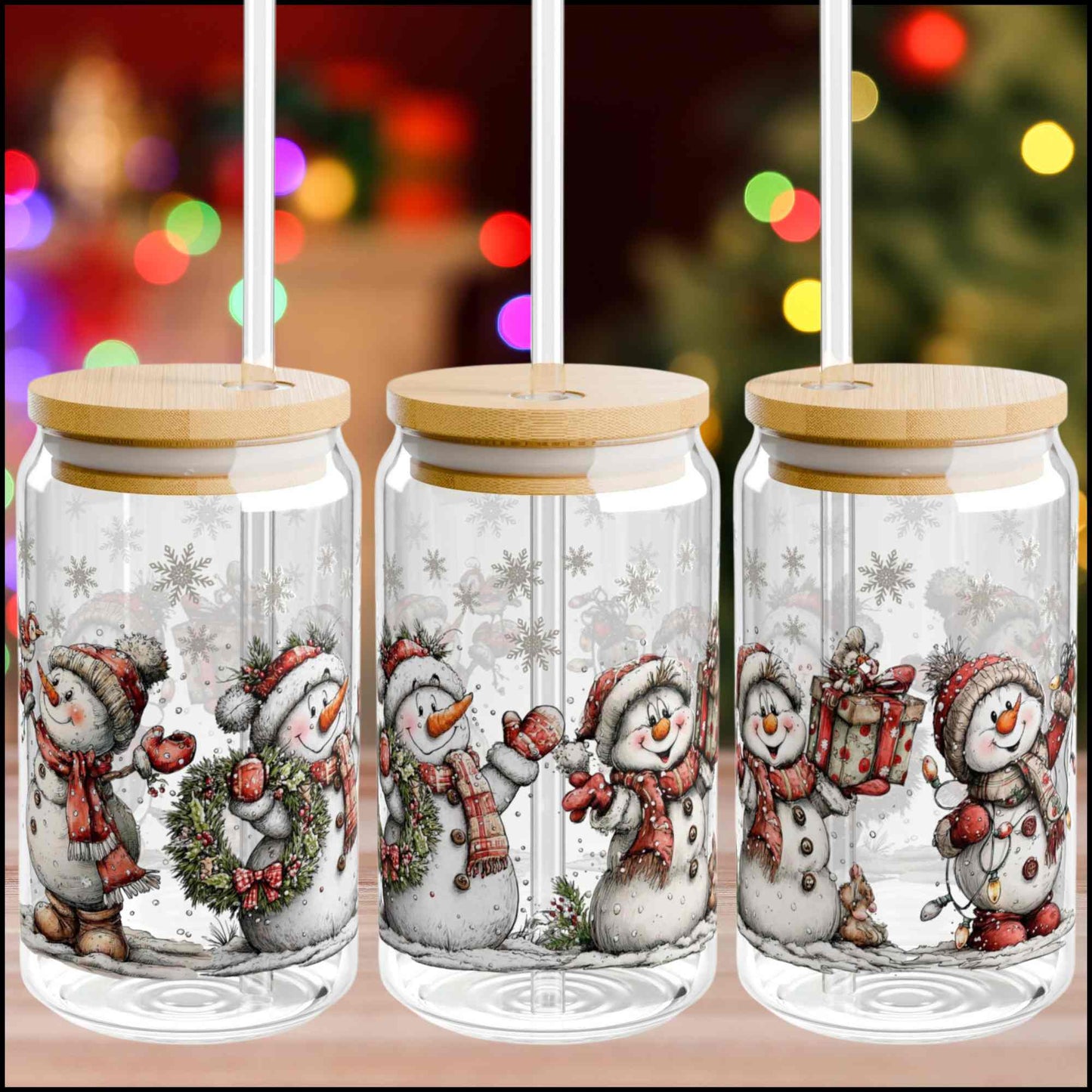 Snowman Friends Christmas Glass Can – 16oz Holiday Cup with Bamboo Lid & Straw | Cute Winter Snowmen Tumbler