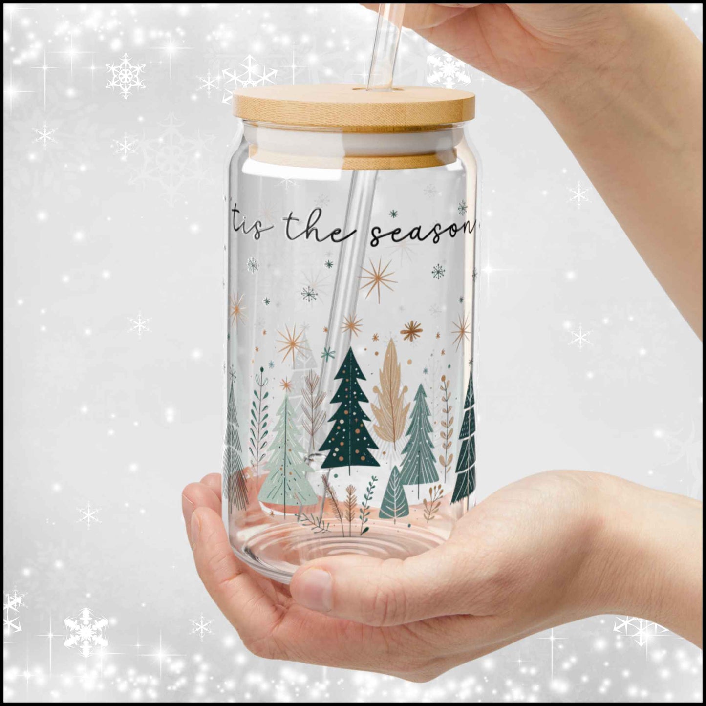 ’Tis the Season Winter Forest Glass Can – 16oz Christmas Tree Cup with Bamboo Lid & Straw | Neutral Holiday Aesthetic Drinkware