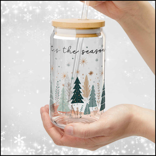 ’Tis the Season Winter Forest Glass Can – 16oz Christmas Tree Cup with Bamboo Lid & Straw | Neutral Holiday Aesthetic Drinkware