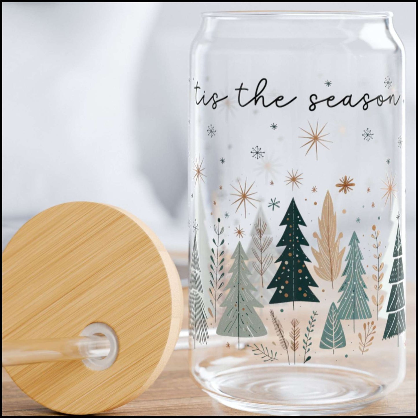 ’Tis the Season Winter Forest Glass Can – 16oz Christmas Tree Cup with Bamboo Lid & Straw | Neutral Holiday Aesthetic Drinkware