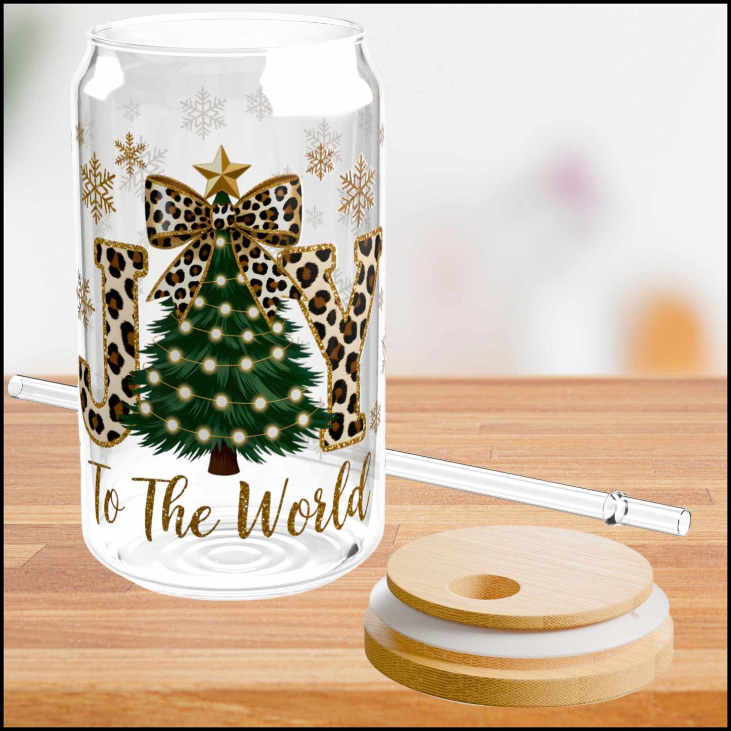 Leopard JOY To The World Glass Can – 16oz Christmas Tumbler with Tree & Bamboo Lid | Glam Leopard Print Holiday Cup