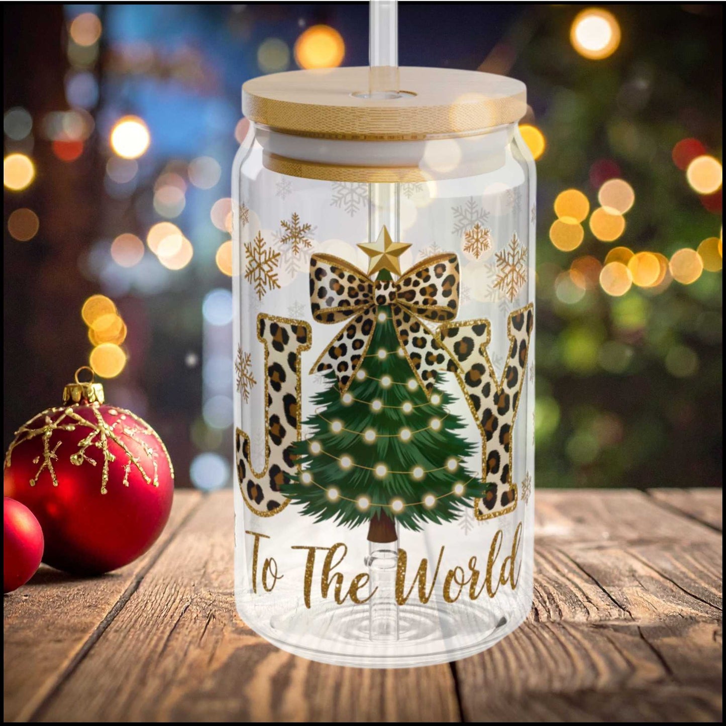 Leopard JOY To The World Glass Can – 16oz Christmas Tumbler with Tree & Bamboo Lid | Glam Leopard Print Holiday Cup