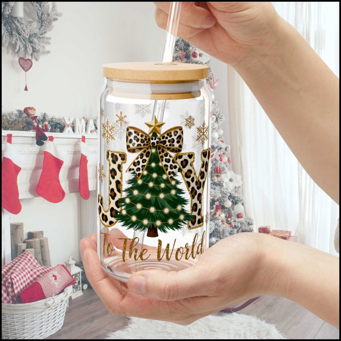 Leopard JOY To The World Glass Can – 16oz Christmas Tumbler with Tree & Bamboo Lid | Glam Leopard Print Holiday Cup