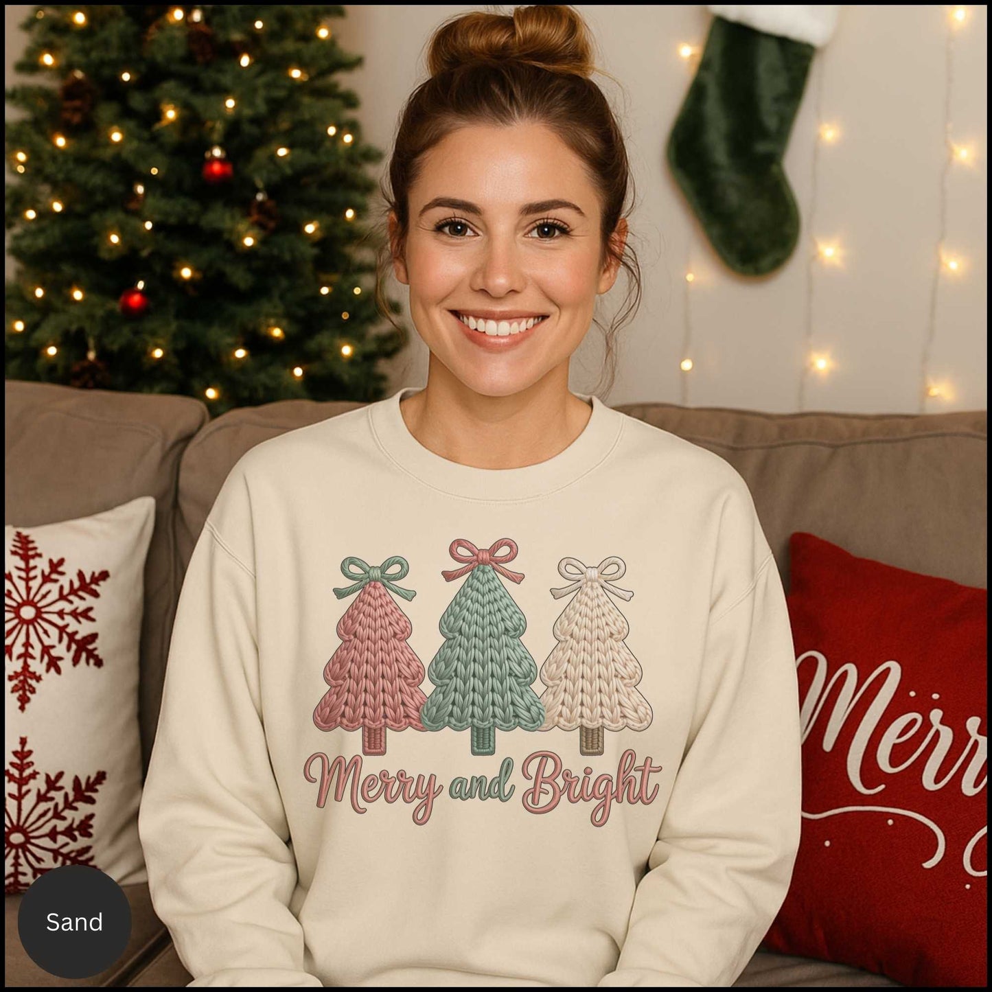 Merry and Bright Knit Christmas Trees Sweatshirt – Cozy Holiday Sweater with Pastel Winter Trees & Bows