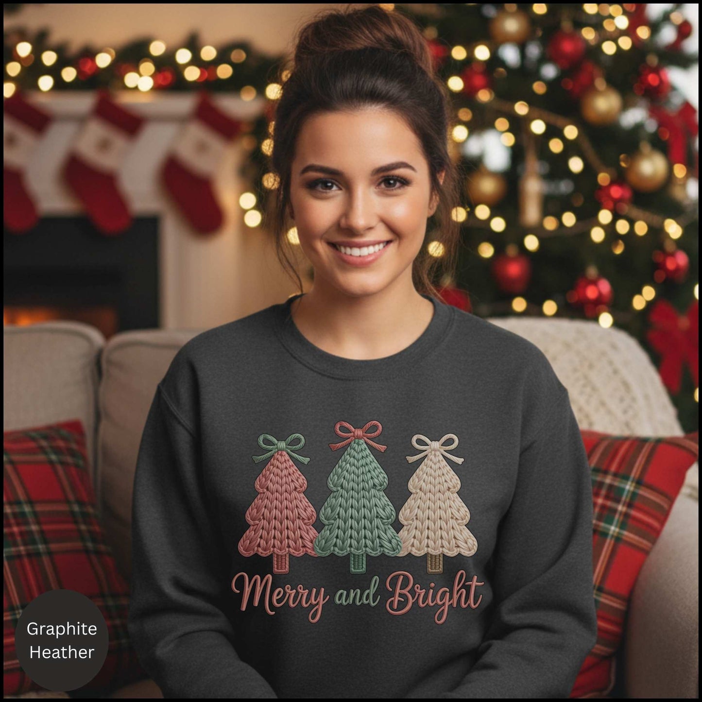 Merry and Bright Knit Christmas Trees Sweatshirt – Cozy Holiday Sweater with Pastel Winter Trees & Bows