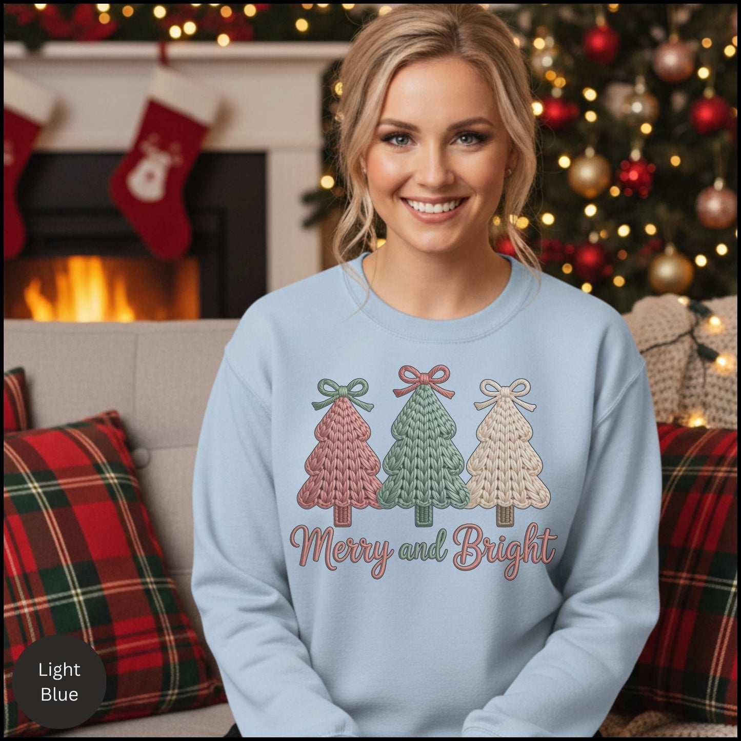 Merry and Bright Knit Christmas Trees Sweatshirt – Cozy Holiday Sweater with Pastel Winter Trees & Bows