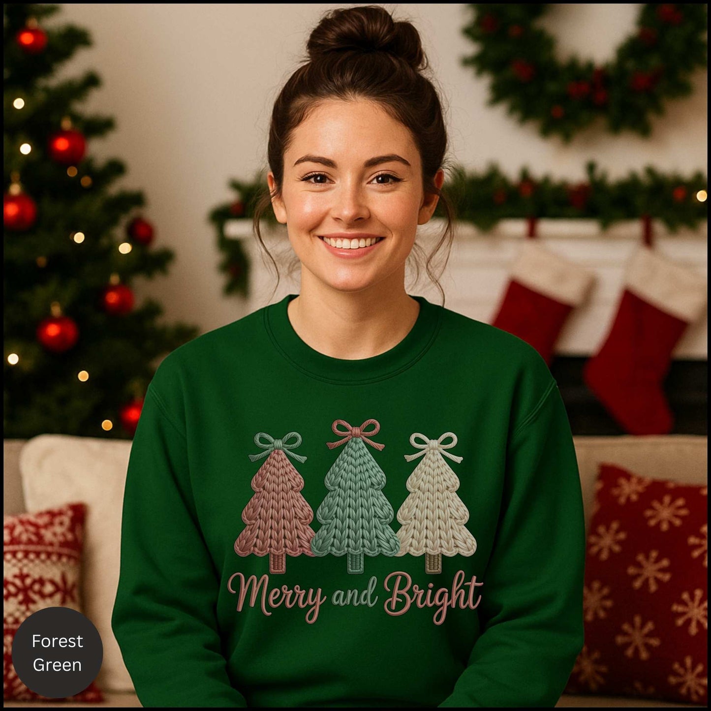 Merry and Bright Knit Christmas Trees Sweatshirt – Cozy Holiday Sweater with Pastel Winter Trees & Bows