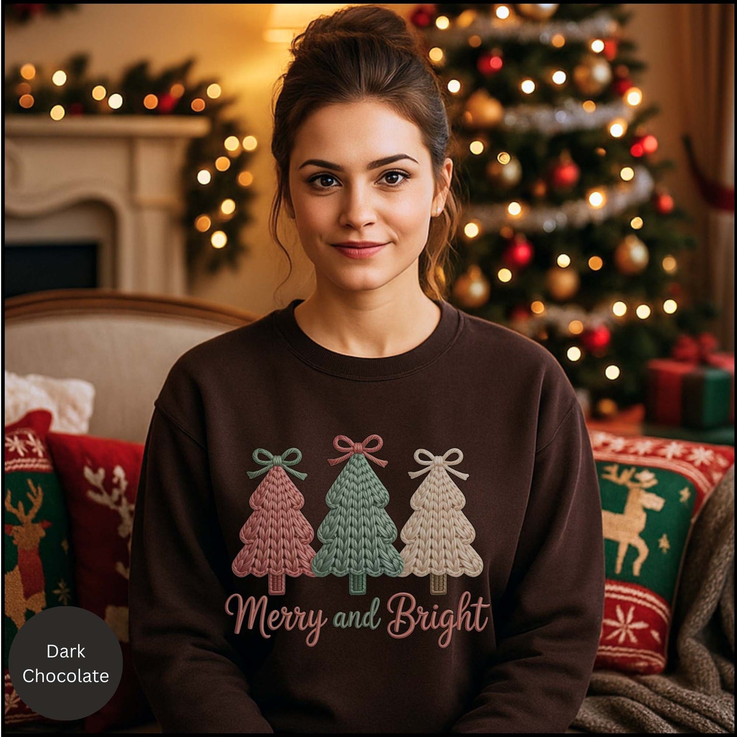 Merry and Bright Knit Christmas Trees Sweatshirt – Cozy Holiday Sweater with Pastel Winter Trees & Bows